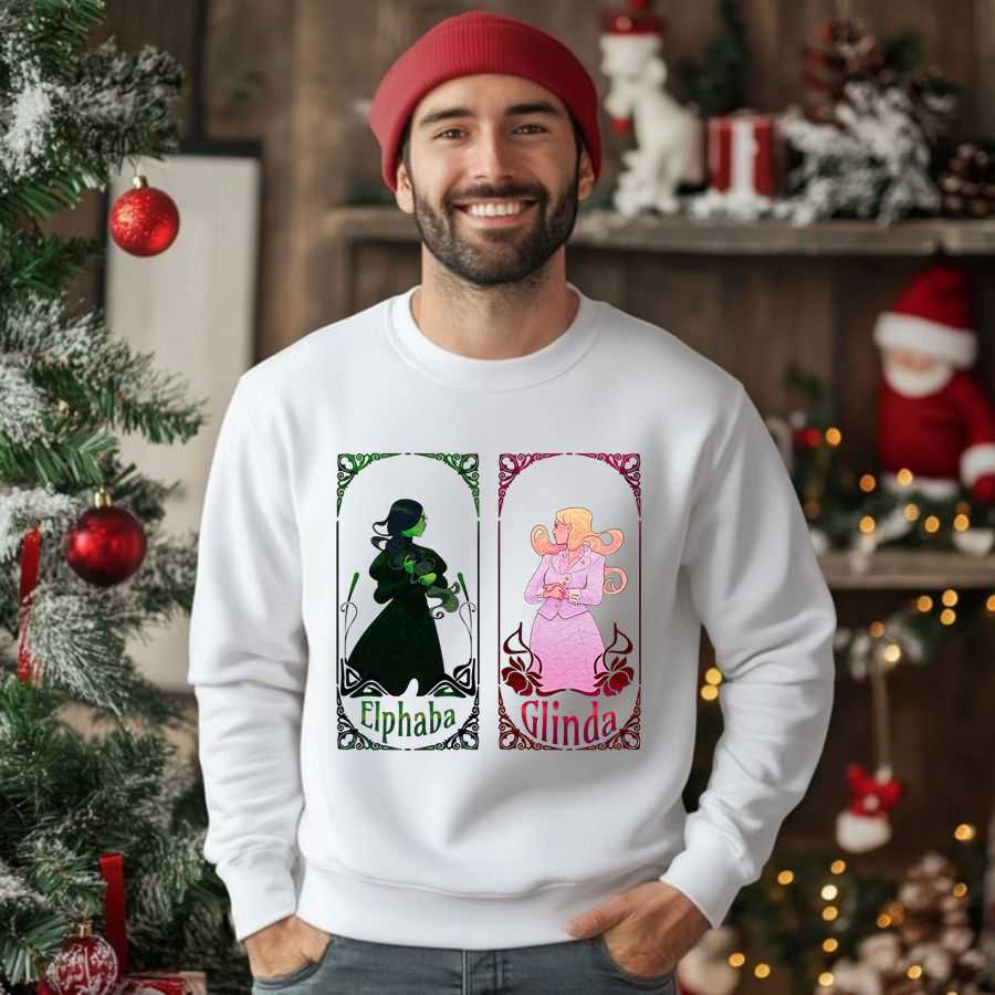 Wicked Elphaba & Glinda Vintage Framed Sweatshirt - Character Portrait Pullover 2 Wicked Elphaba & Glinda Vintage Framed Sweatshirt - Character Portrait Pullover 2
